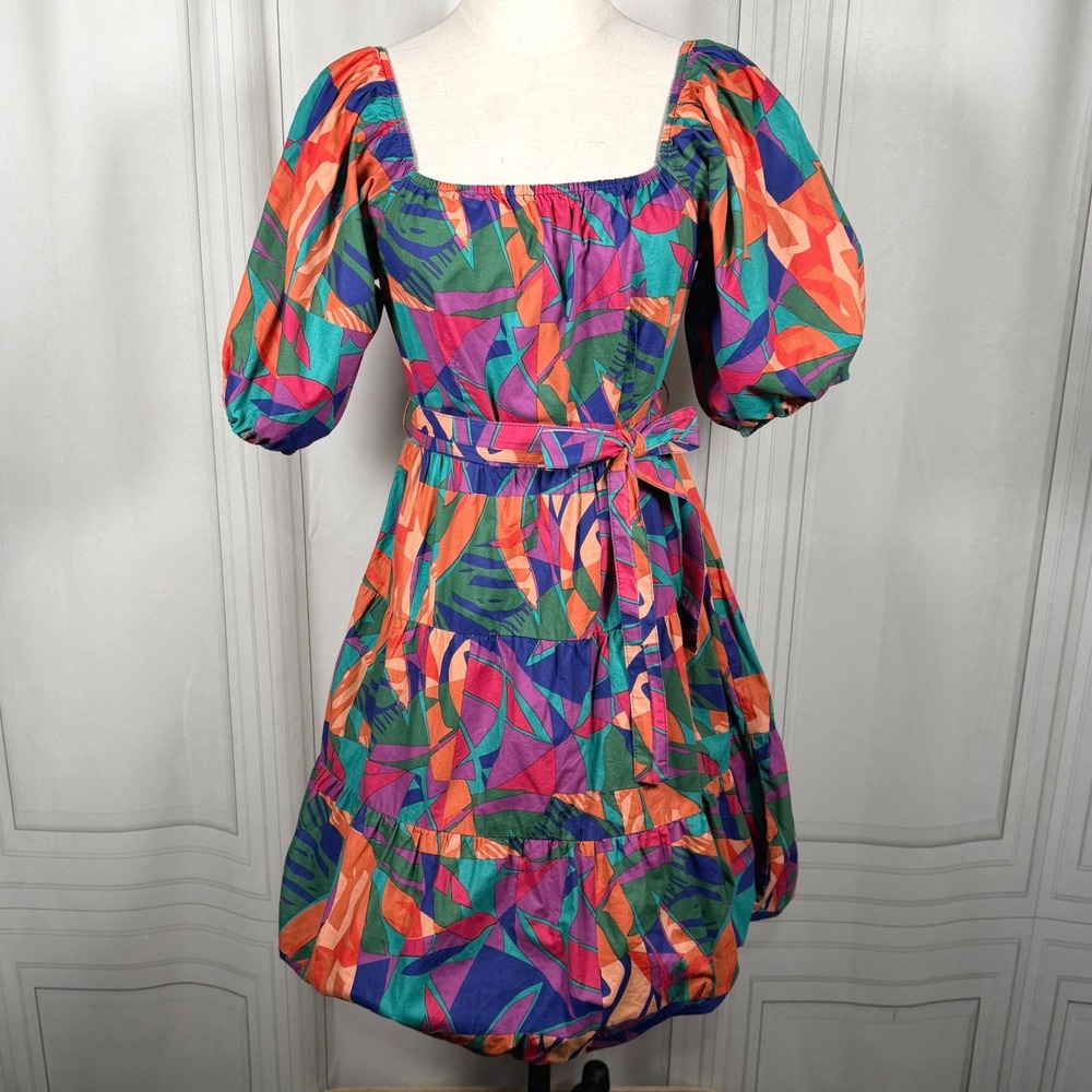 Sim & Sam Tie Waist Abstract Geometric Bubble Hem Dress Cotton L Fits M